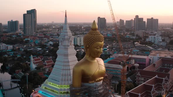 Aerial View of Wat Paknam Bhasicharoen, a Temple, Pagoda and Buddha Statue in Bangkok Thailand