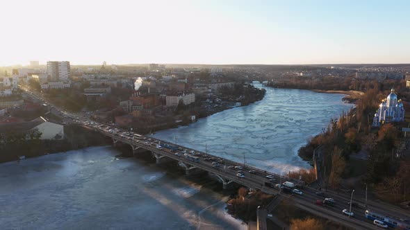 The Vinnytsia City in Ukraine at the Winter Aerial Sunset View.