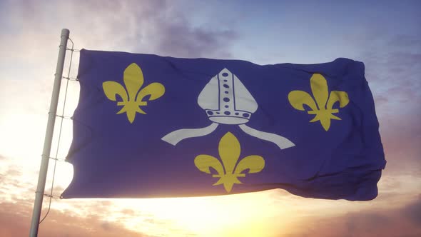 Saintonge Flag France Waving in the Wind Sky and Sun Background