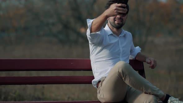 Satisfied Man Taking Selfie On Mobile Phone. Businessman In White Shirt Taking Self Photo.