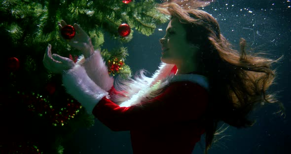 Beautiful Long-haired Girl in a Christmas Red Suit, She Is Under Water, Smiling, Next To Her Elegant