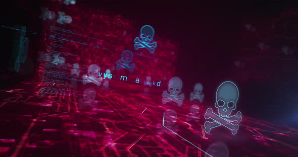 Skull pirate and online cyberattack symbols loop cyber concept