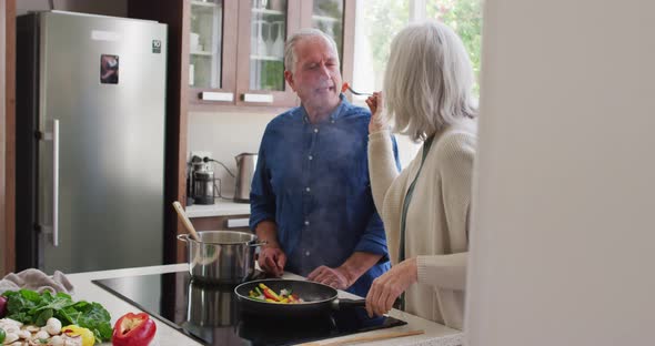 Senior caucasian couple at home in the kitchen