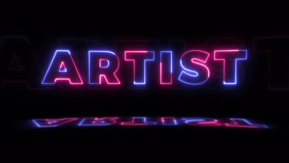 Neon glowing word 'ARTIST' on a black background with reflections on a floor