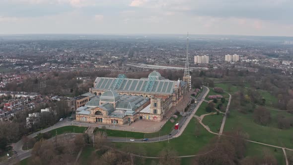 Rising side drone shot of Alexandra palace and grounds London