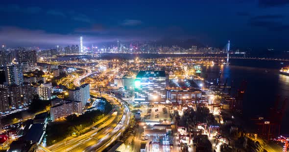 Timelapse of Kwai Tsing Container Terminals in Hong Kong at night 