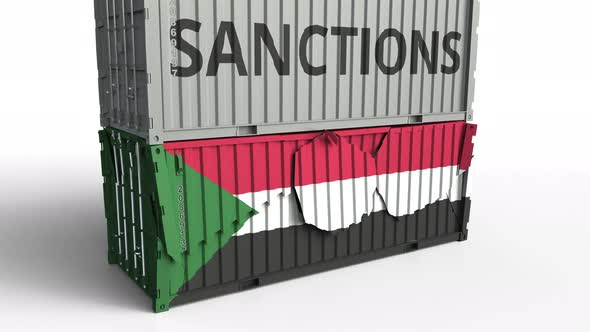 Container with SANCTIONS Text Breaks Container with Flag of Sudan