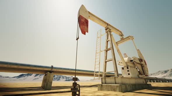 Animation of working oil pumping jack and oil pipeline in the back. Loopable. HD