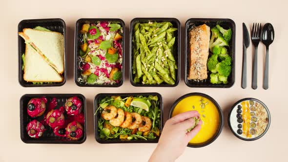 Food Delivery Top View Take Away Meals in Disposable Containers