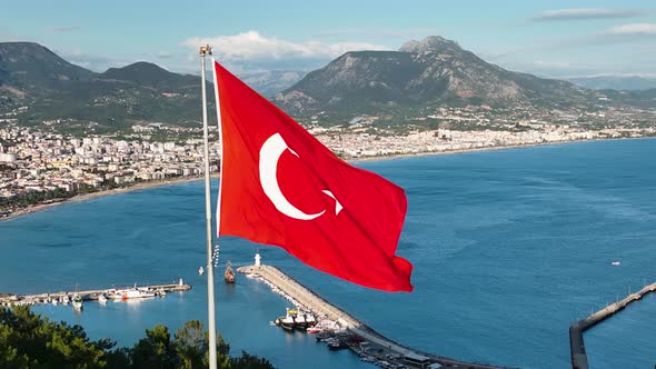 Turkish flag aerıal vıew 4 K Turkey Alanya