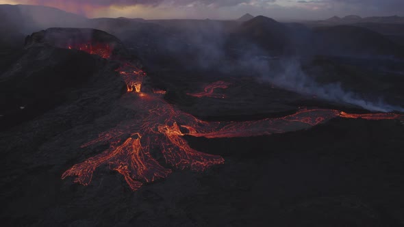 Drone Of Molten Lava Flow From Erupting Fagradalsfjall Volcano