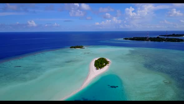 Aerial top view panorama of marine coast beach vacation by shallow water with white sandy background