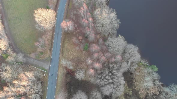 Top Down Country Road Next to Lake Bare Trees Aerial Forward