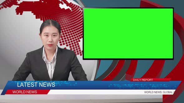 Live News Studio With Asian Female Anchor And Green Screen Television Reporting On The Events