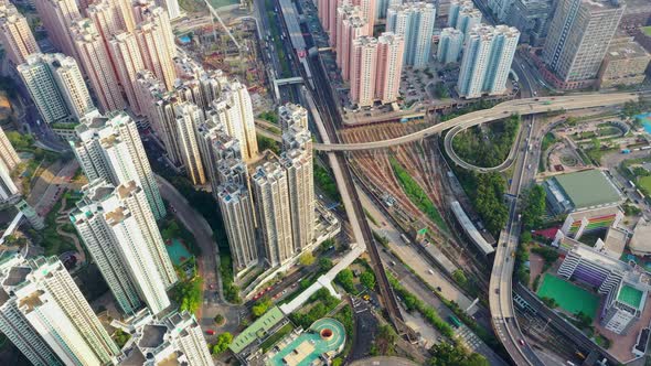 Drone fly over Hong Kong city