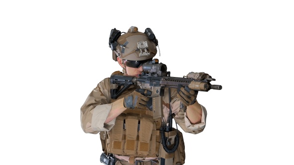 United States Ranger Aiming with Assault Rifle While Walking