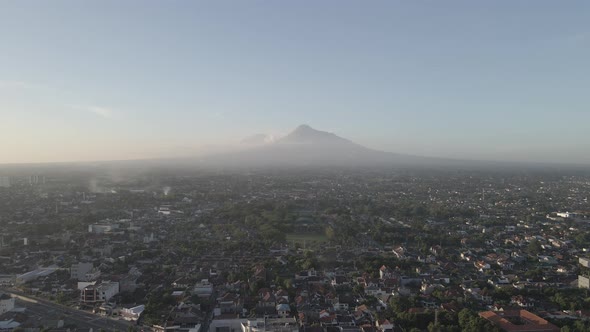 Aerial view of Mount Merapi Landscape with Yogyakarta view, Indonesia.