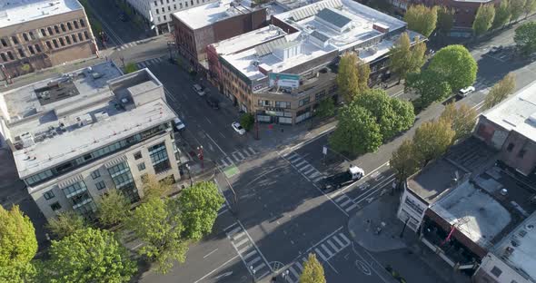 Historic aerial footage of empty streets in downtown Portland, Oregon due to COVID-19.