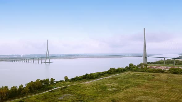 Aerial Drone View Pont De Normandie Suspension Bridge, France. Le Havre. Wide View Not High