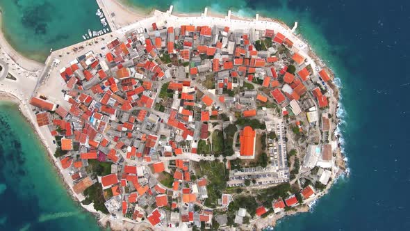 Aerial drone headshot of Primosten old town on the islet, Dalmatia, Croatia. Primosten, Sibenik Knin