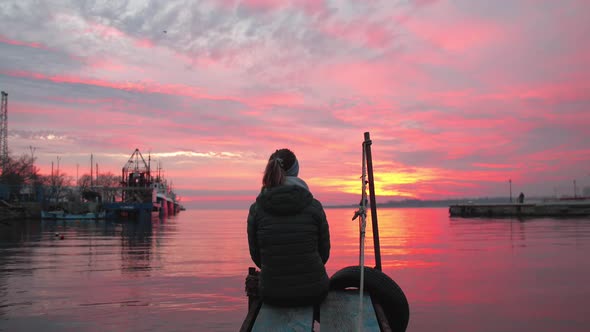 Back View Of A Woman Sitting On The Pier Admiring The Fiery Sunset At The Sea Port In Bulgaria -  st