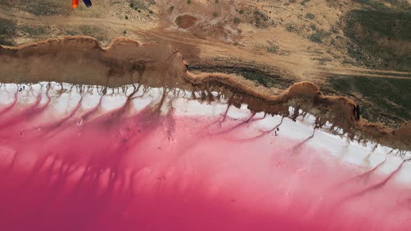 Aerial High Angle Drone View Footage of Lemurian Lake, Also Called Pink Lake