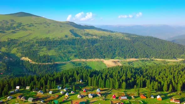 Mountain landscape in Georgia, the village of Beshumi. Shooting from a drone