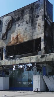 Vertical Video of a Destroyed Building of a Shopping Center in Bucha Ukraine