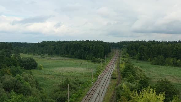 Aerial drone of train tracks in Klevan of Rivne Oblast Ukraine. Filmed on a summer day in August 202