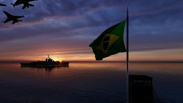 Waving Brazilian Flag Warship and Passing Warplanes