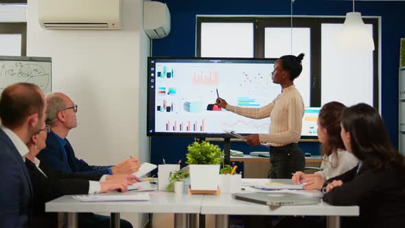 Black Analyst Using Digital Interactive Whiteboard for Presentation