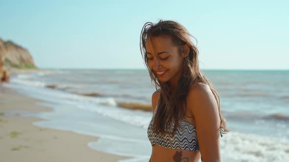 Extreme Close Up Slow Motion of Happy Joyful Slim Woman in Bikini Enjoying Wind and Waves on Sea
