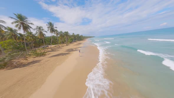 Playa Coson, Las Terrenas in Dominican Republic. Aerial racing drone fpv