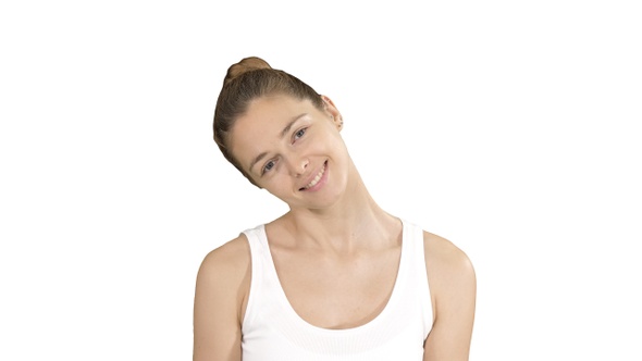 Smiling Woman Relaxing Her Neck Muscles Doing Stretching