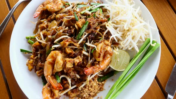 Top View of Pad Thai Noodle Traditional Dish of Fried Rice Noodles with Shrimp