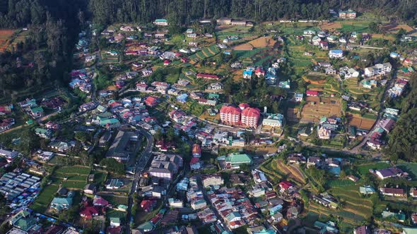 Aerial view of Nuwara Eliya, a small town in Sri Lanka.