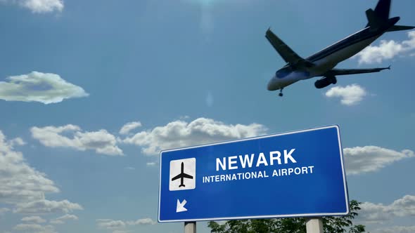 Airplane landing at Newark New Jersey, USA airport