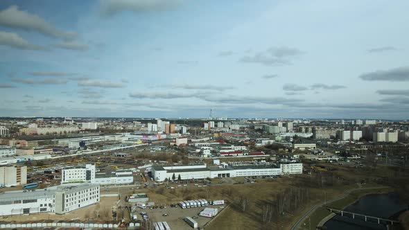 Mixed urban development. Industrial and residential area. Water city system. Aerial photography.