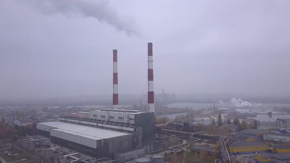 Smoke Comes From the Chimney. Aerial. Air Pollution. Ecology. Kyiv. Ukraine.