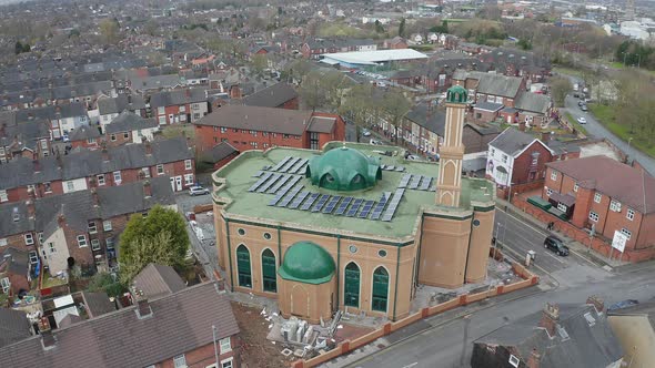 Aerial view of Gilani Noor Mosque in Longton, Stoke on Trent, Staffordshire, the new Mosque being bu