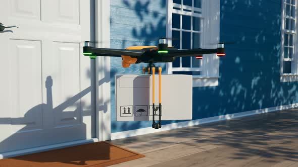 Hexacopter drone delivering ordered package directly to the door. Render 4k