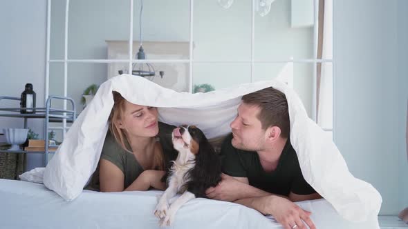 A Loving Couple of European Appearance Lie Under a White Warm Blanket on a Bed in a Cozy Modern Room