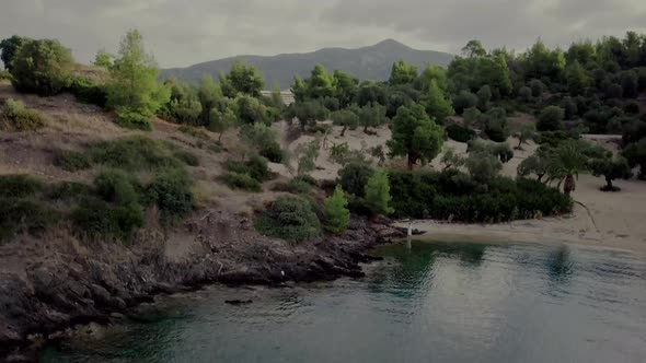 View Of The Lake With Blue Water, Forest And Sandy Beach