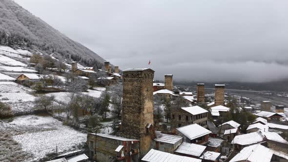 Aerial Winter Scenery of Svan Towers Covered with Snow