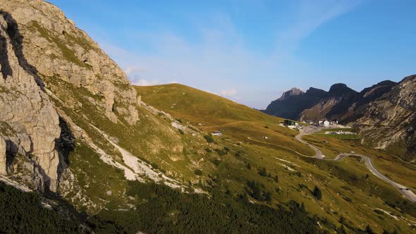 Aerial landscape on Dolomites, Val Gardena, Italy. 4k drone shot