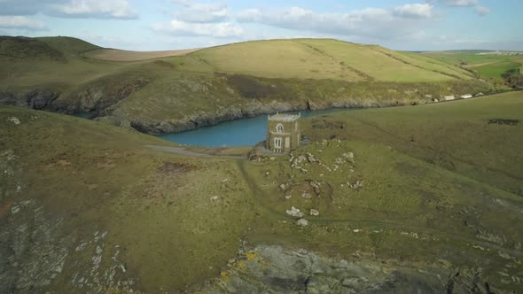 Drone view of Doyden Castle and the coastline near Port Quin in north Cornwall