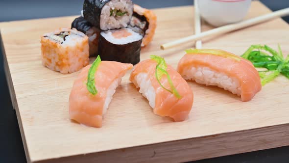 Close Up Of Various Types Of Japanese Fresh Prepared Sushi.