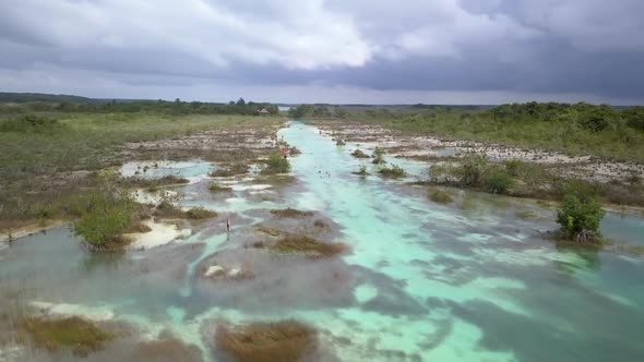 Aerial view on Los Rapidos a beutiful river near Bacalar in Yucatan in Mexico