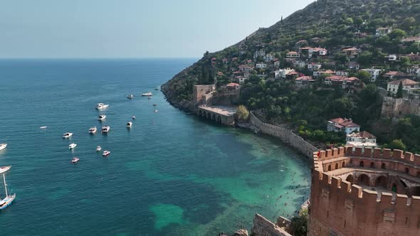 Castle Alanya Kalesi Aerial View 4 K of Mountain and City Turkey