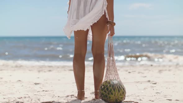 Woman with Watermelon on the Beach Outdoors